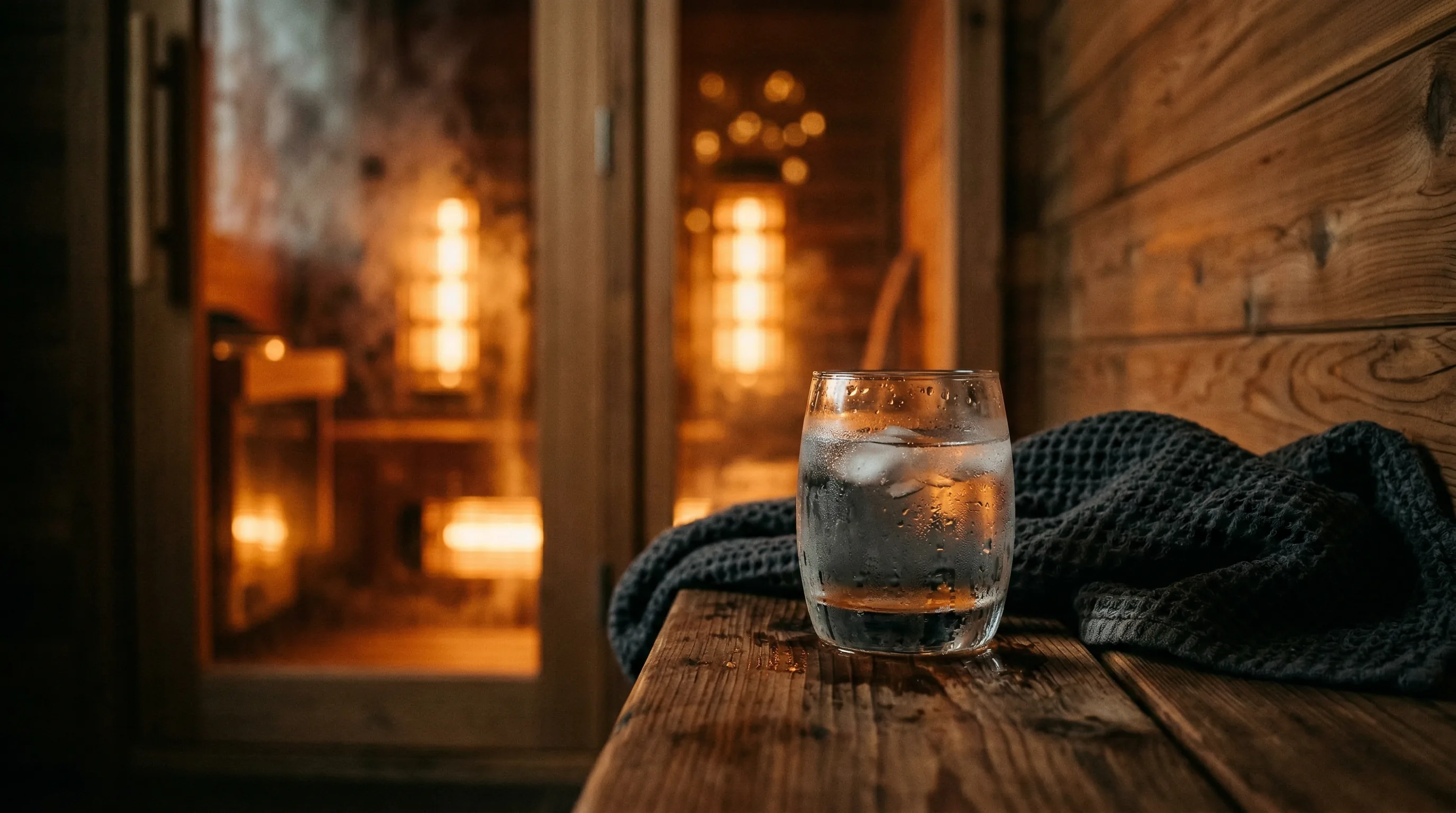 Post-sauna recovery scene with glass of water on cedar bench